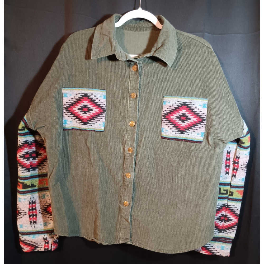 2XL Oversized Aztec Corduroy Shacket Green Button Up Jacket Shirt Fall Boho West